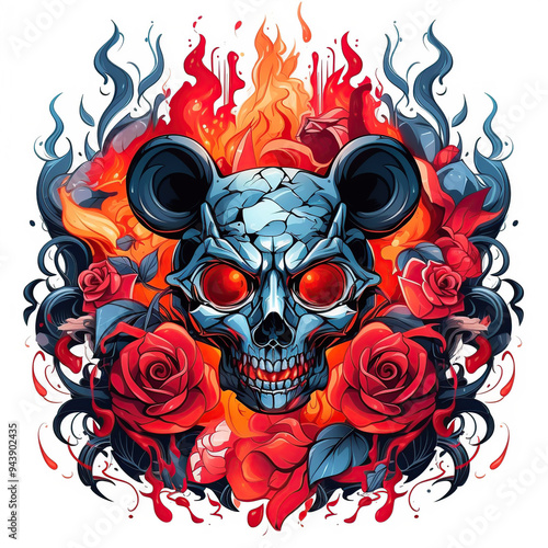 A skull with mouse ears and glowing red eyes surrounded by flames and red roses. photo