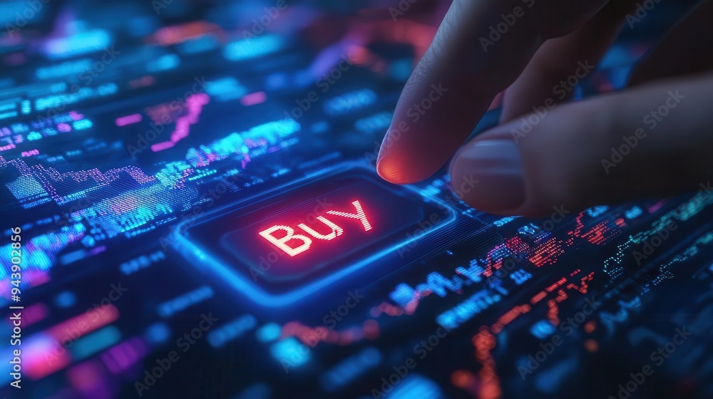 Investor's hand hovering over a Investor's hand hovering over a