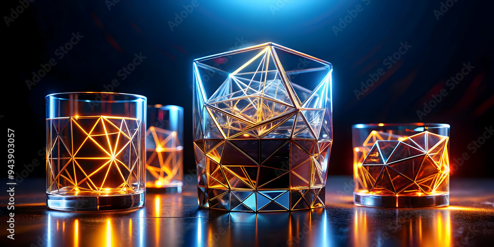 Neon glowing geometric shapes forming a whiskey glass concept as Abstract geometric shapes with neon glowing edges combine to form a whiskey glass set against a dark background. The camera moves in a Neon glowing geometric shapes forming a whiskey glass concept as Abstract geometric shapes with neon glowing edges combine to form a whiskey glass set against a dark background. The camera moves in a