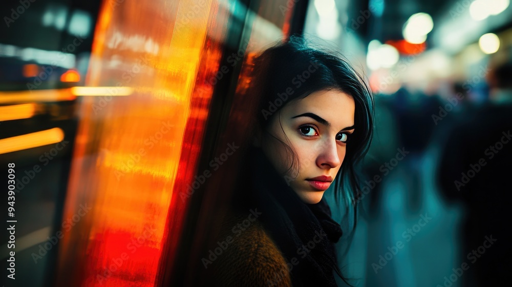 Portrait of a woman in the subway, her face softly lit by the station lights, surrounded by the hustle and bustle of city life. Portrait of a woman in the subway, her face softly lit by the station lights, surrounded by the hustle and bustle of city life.