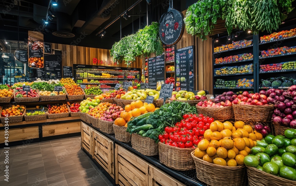 Obraz premium Colorful Supermarket Produce Section with Fresh Fruit and Vegetables