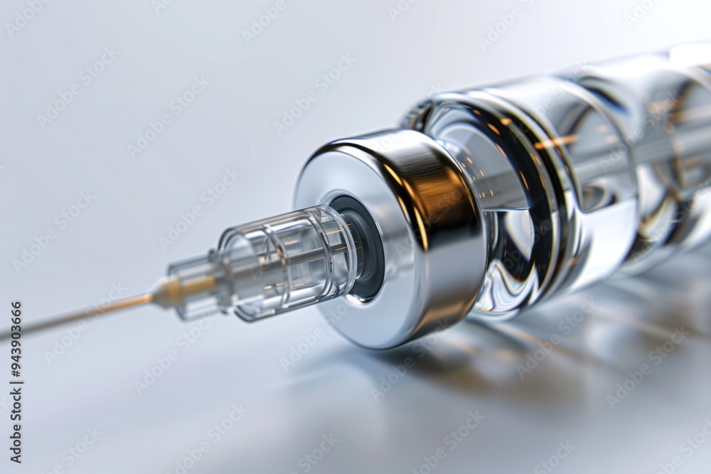 A syringe with a needle is shown in a close up A syringe with a needle is shown in a close up