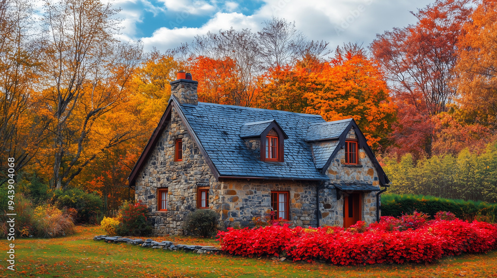 Fototapeta premium Urokliwy, kamienny domek wiejski jest zanurzony w malowniczym, jesiennym pejzażu pełnym żywych barw.