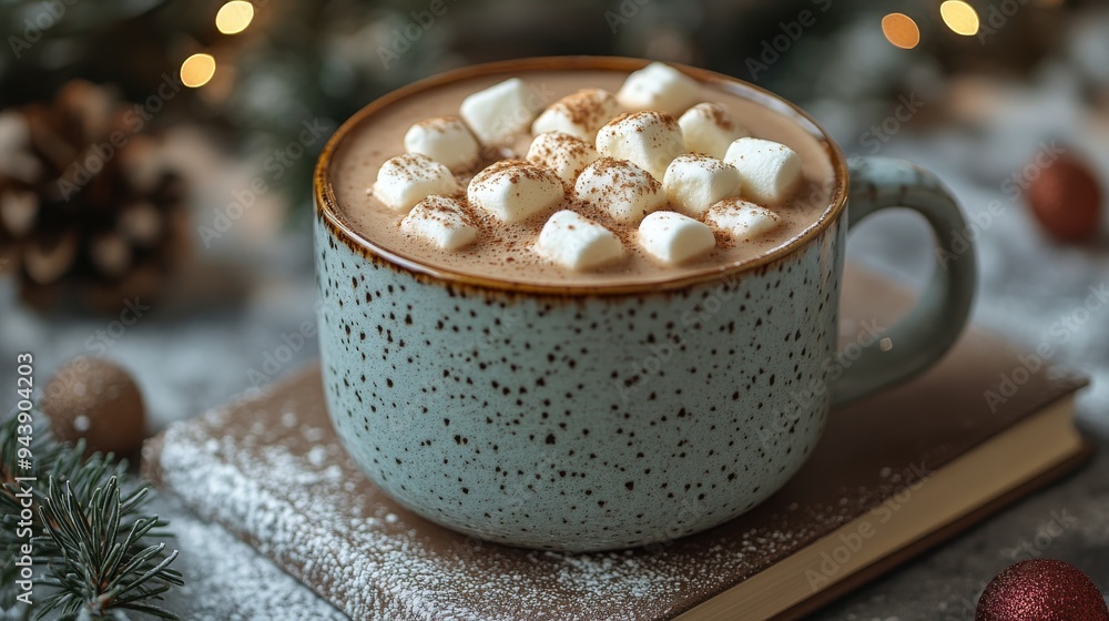 Warm hot chocolate with marshmallows beside a cozy knit blanket during winter evenings Warm hot chocolate with marshmallows beside a cozy knit blanket during winter evenings