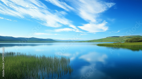 Malowniczy krajobraz nad jeziorem, z gładką taflą wody, trawiastymi brzegami i odległymi, łagodnymi wzgórzami, rozciąga się pod klarownym, błękitnym niebem.  © Sawyer0