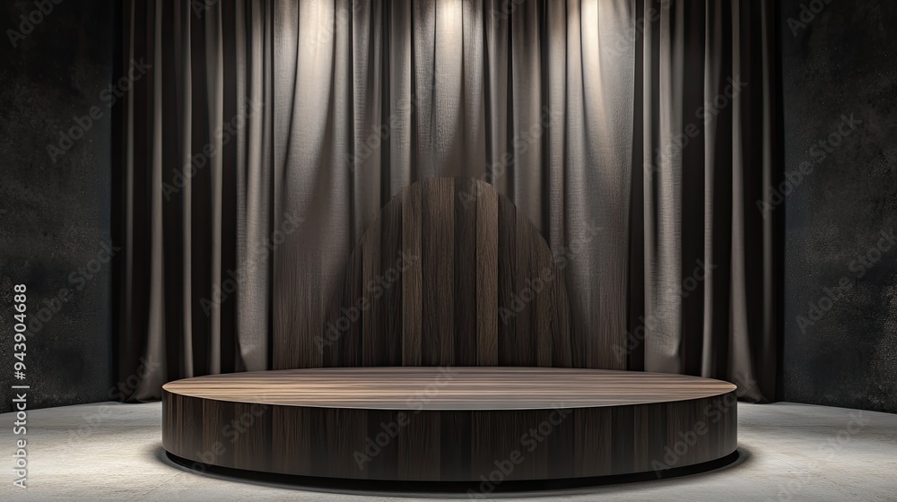 A modern podium crafted from dark wood, placed on a grand stage with elegant drapery and a spotlight A modern podium crafted from dark wood, placed on a grand stage with elegant drapery and a spotlight