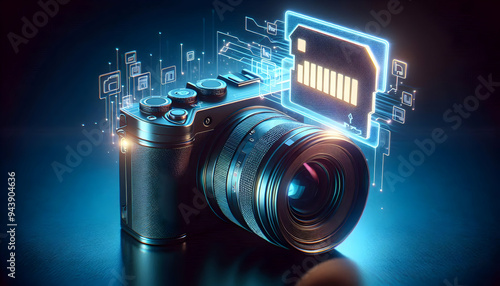 Digital camera with a holographic memory card icon floating concept as A digital camera is centered in the frame with a holographic memory card icon hovering just above it. The scene is captured from 