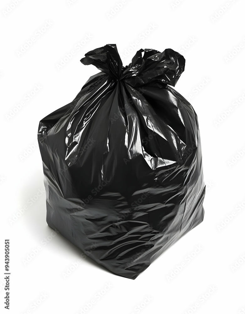 A single black plastic garbage bag ready for disposal, ideal for waste management and cleaning projects. A single black plastic garbage bag ready for disposal, ideal for waste management and cleaning projects.