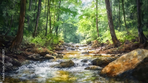 Serene forest stream with clear water flowing over rocks surrounded by dense green foliage and sunlight filtering through the trees.