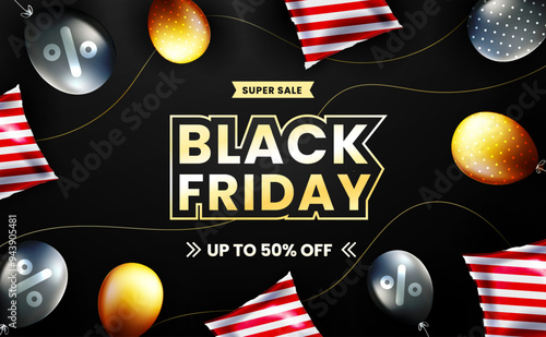 Black Friday with polygon elements and realistic balloons. Special offer banner background for Black Friday. Futuristic Black Friday banner design.