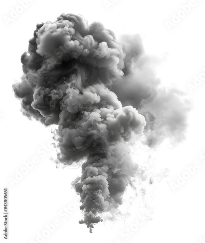 Dark smoke rising dramatically against a white background, creating a striking visual impact