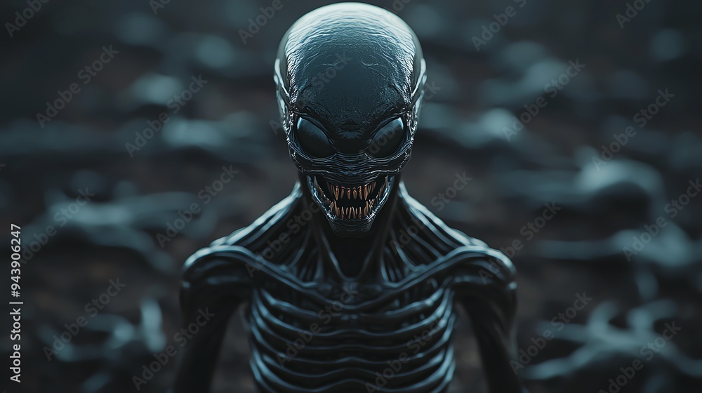 Alien warrior standing triumphant over a battlefield of fallen humans, symbolizing extraterrestrial dominance and victory Alien warrior standing triumphant over a battlefield of fallen humans, symbolizing extraterrestrial dominance and victory