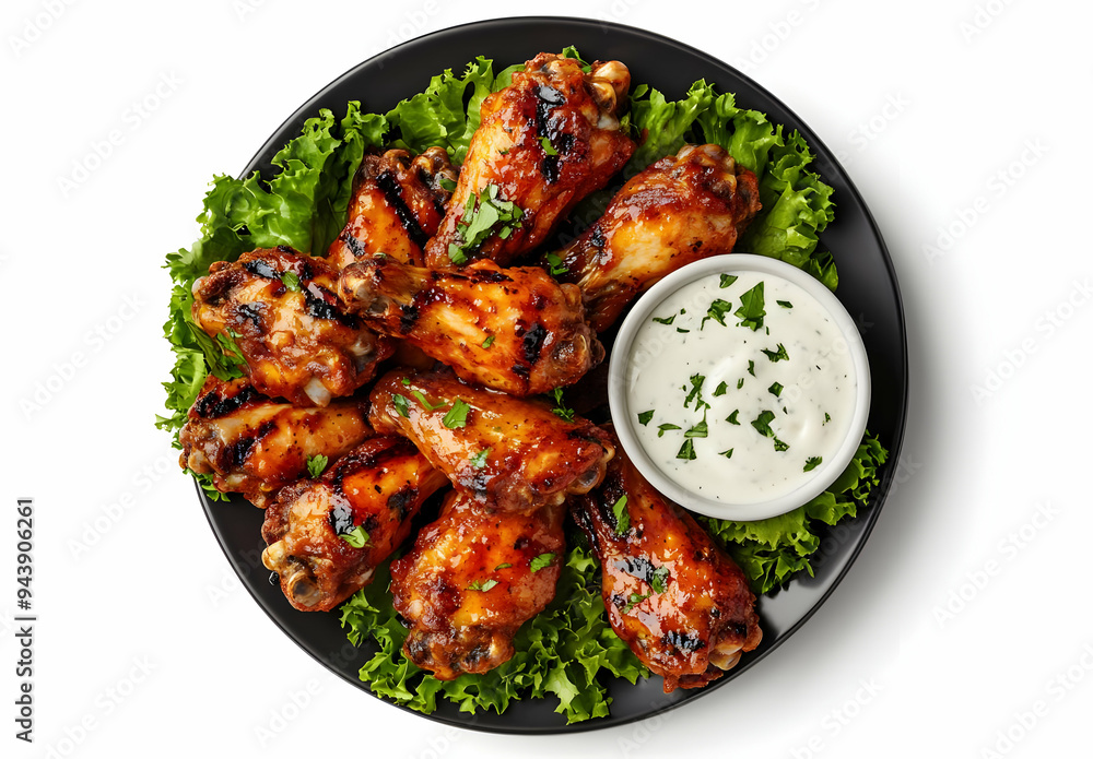 Deliciously grilled chicken wing served with a creamy dipping sauce on a fresh lettuce bed, perfect for any party or gathering. Deliciously grilled chicken wing served with a creamy dipping sauce on a fresh lettuce bed, perfect for any party or gathering.