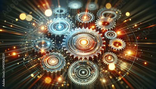 Glowing abstract gear mechanism representing process automation concept as A dynamic image of an abstract digital gear mechanism with glowing elements representing process automation in operational ma