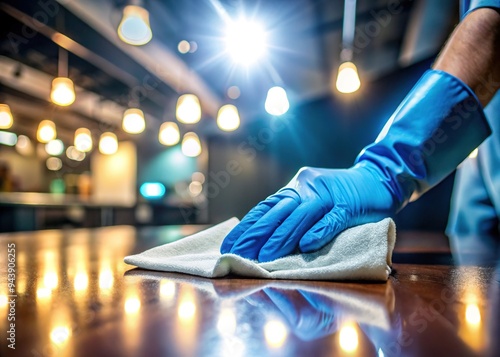 A close-up of a disinfectant wipe being used to clean and sanitize a surface, with a blurred background and a spotlight on the cleaning action. photo