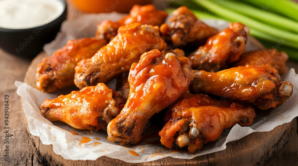Delicious buffalo chicken wings served on a wooden platter with celery and a side of creamy dip, perfect for gatherings. Delicious buffalo chicken wings served on a wooden platter with celery and a side of creamy dip, perfect for gatherings.