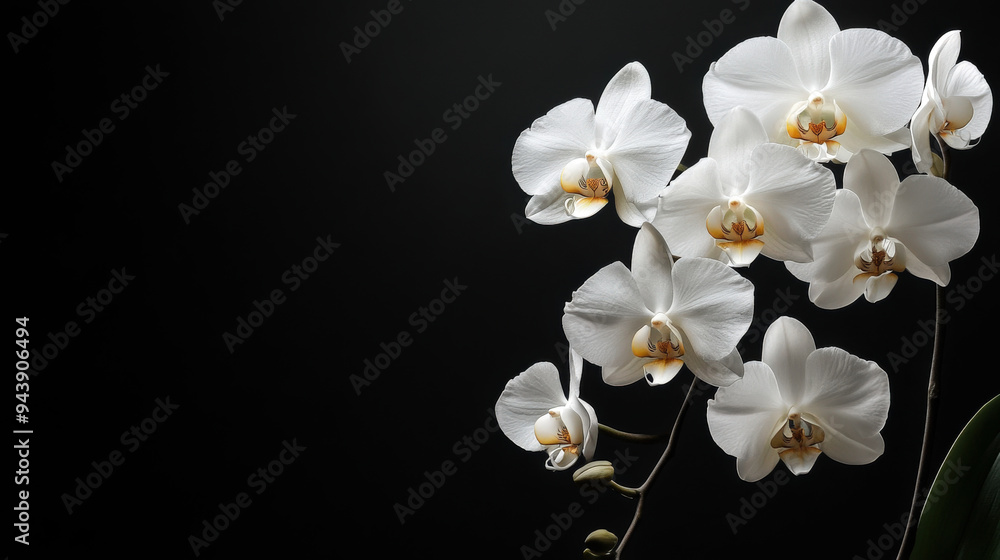White orchids against a rich midnight black background, with clean lines and ample space for copy White orchids against a rich midnight black background, with clean lines and ample space for copy