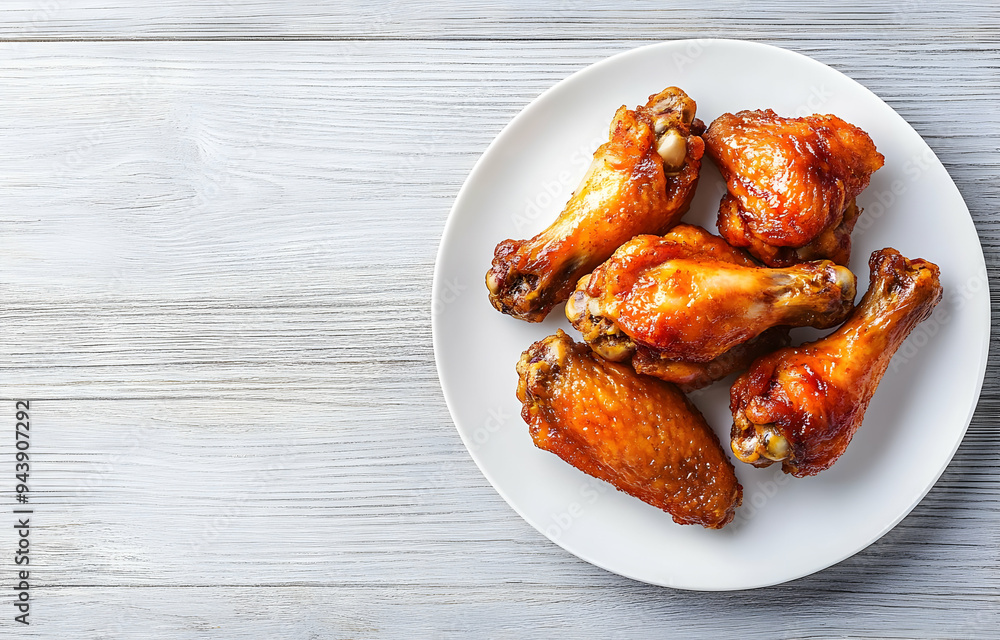 Succulent and crispy chicken wings on a white plate, perfect for appetizers or a game day meal. Succulent and crispy chicken wings on a white plate, perfect for appetizers or a game day meal.