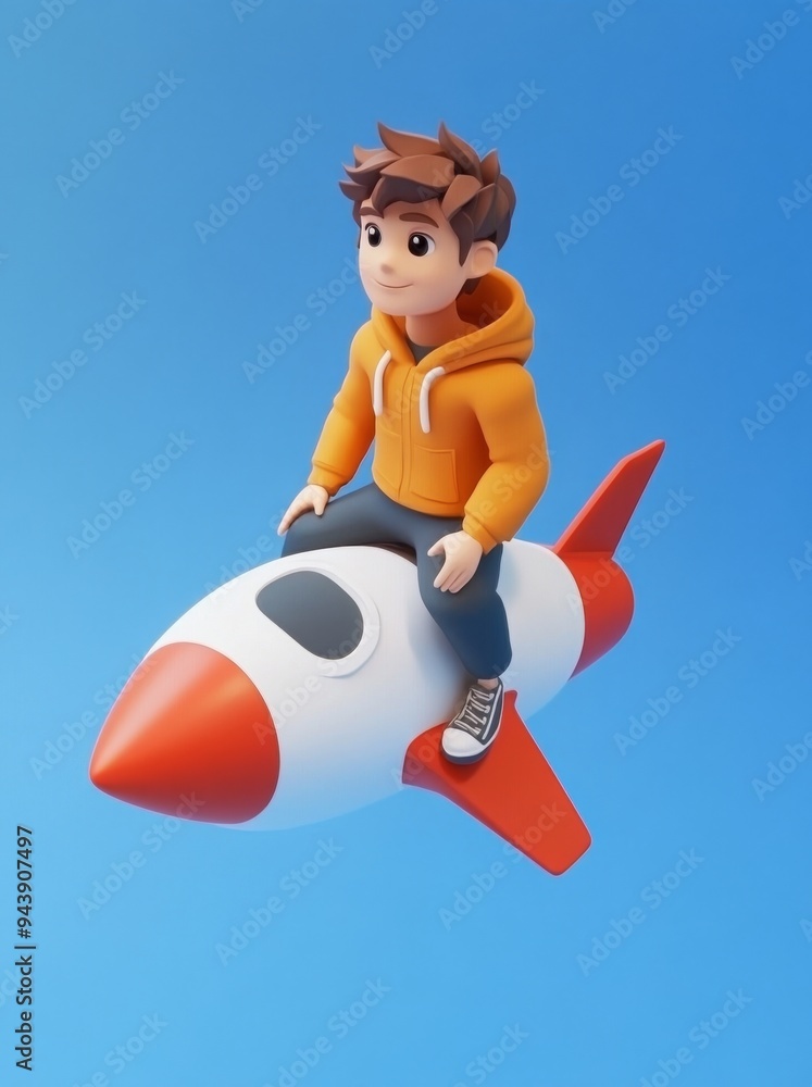 A 3D illustration of a smiling male character smiling at the camera while standing on a rocket to the moon. This is a business startup concept, a decision-flying concept, rendered in 3D on a blue