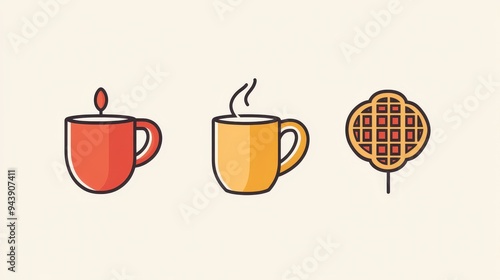 A collection of elegant breakfast line web icons includes a tea cup, coffee mug, and waffle, perfect for morning dining themes photo