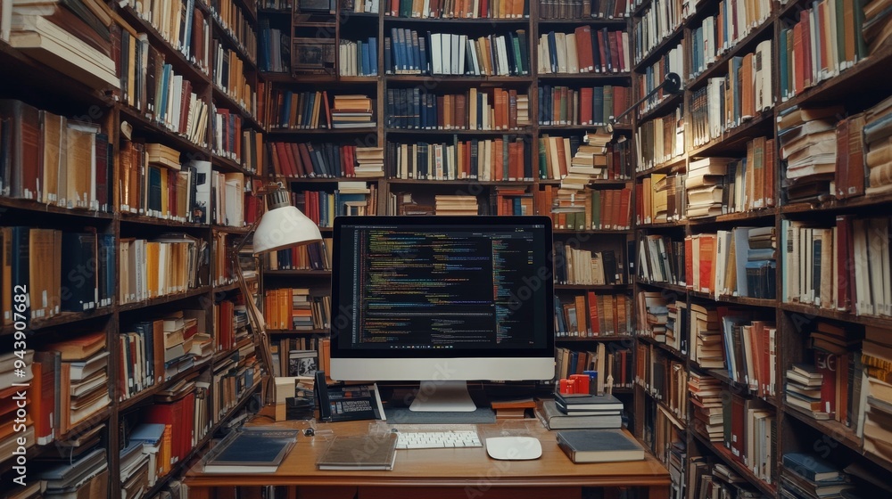 Fototapeta premium Digital Library Inside a Computer. Symbolizing the Boundless Potential of Online Learning