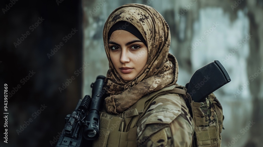 Fototapeta premium Muslim female special forces soldier in full costume background wallpaper AI generated image