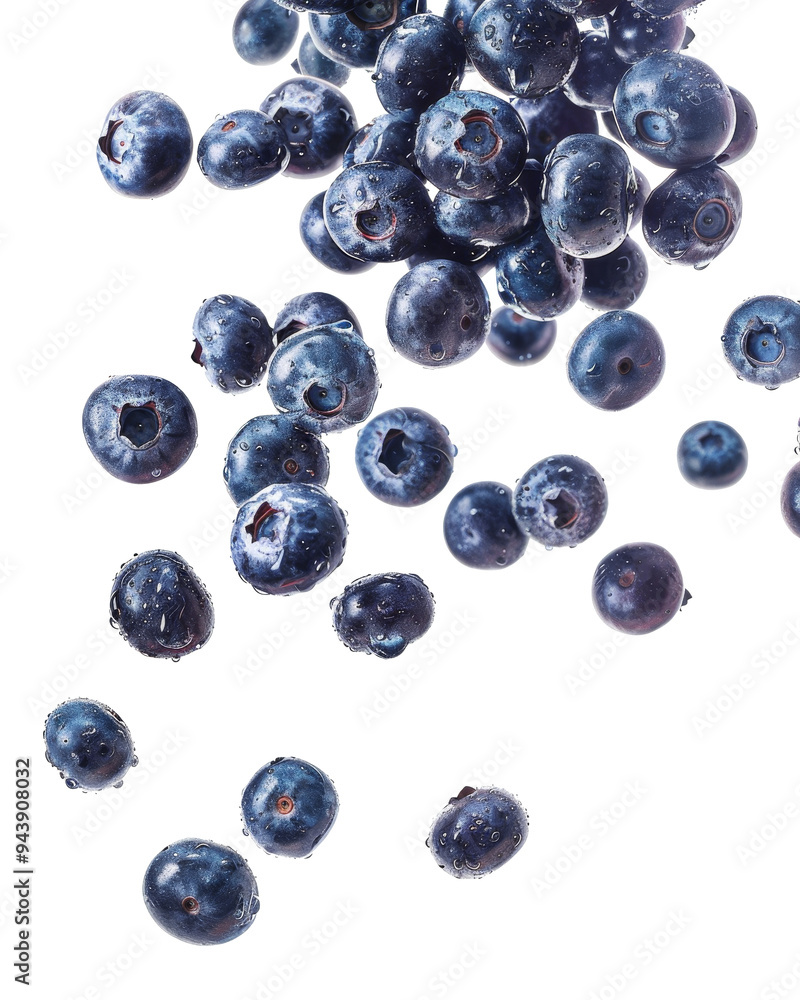 Fresh blueberries tumbling gracefully against a clean white background in bright lighting Fresh blueberries tumbling gracefully against a clean white background in bright lighting