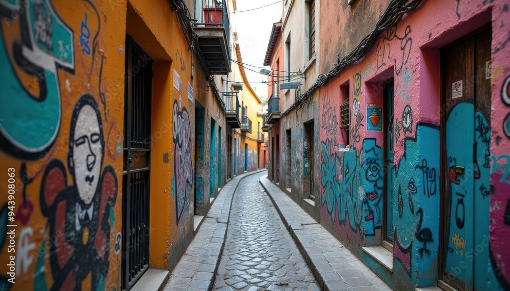 Fototapeta premium Favela graffiti on the walls of a narrow alley