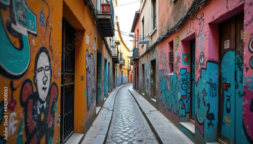 Favela graffiti on the walls of a narrow alley