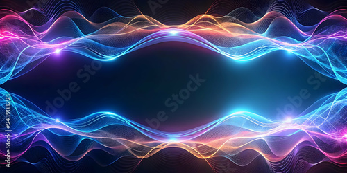 Digital waves border with glowing edges and central copy space concept as A border frame featuring digital waves with glowing edges that frame a central copy space. The waves create a dynamic and flui photo