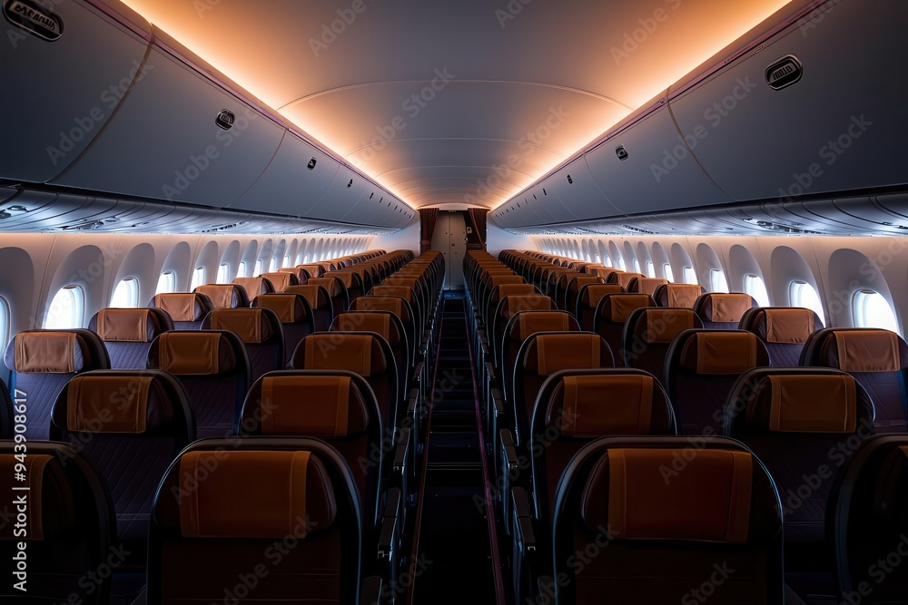 Fototapeta premium Abstract view of an airplane cabin from the back, rows of seats aligned perfectly under soft lighting, Passenger Room, Symmetry and Order