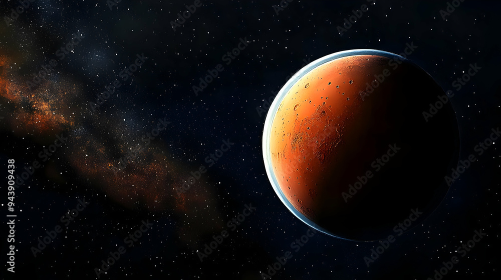 Mars, the red planet, in space with the Milky Way galaxy in the background.