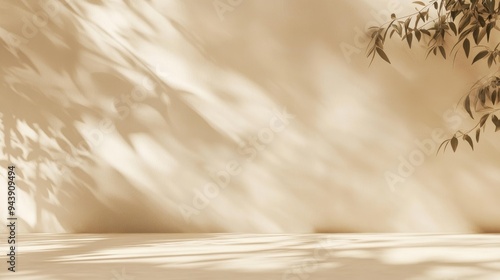 Minimalistic abstract gentle light beige background for product presentation with light andand intricate shadow from the window and vegetation on wall.