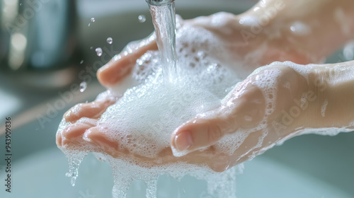 close-up of hands washing with soap and water for hygiene and health