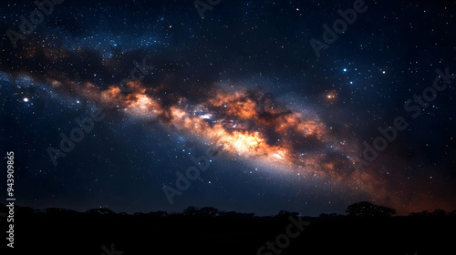 Wallpaper Mural Milky Way galaxy with orange glow over a dark horizon with trees. Torontodigital.ca