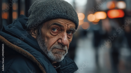 Homeless miserable old man in New York street looking sad