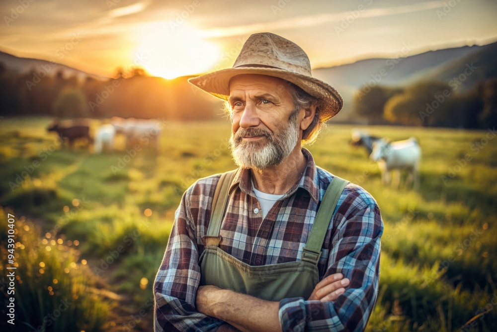 Country Calm: Farmer in peaceful pasture, serene expression, soft lighting, pastel hues Country Calm: Farmer in peaceful pasture, serene expression, soft lighting, pastel hues