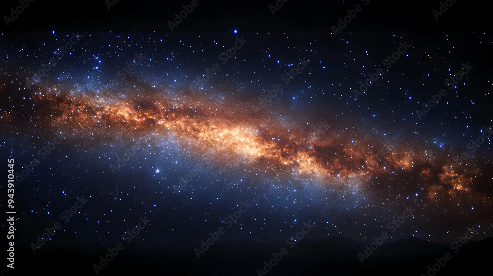 Night sky with a brilliant Milky Way galaxy arching across a dark horizon. Night sky with a brilliant Milky Way galaxy arching across a dark horizon.