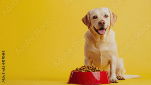 dog and food bowl on clean background with space for text or graphic design.