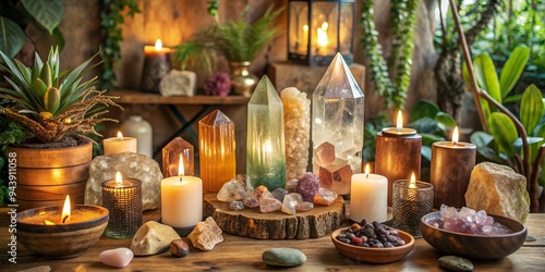 Crystal Healing Sanctuary: Crystal healing, energetic balance, earthy color palettes, bohemian accents.