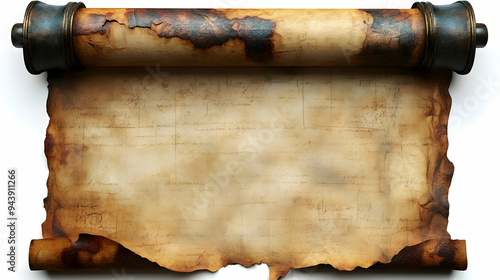 Old parchment scroll with a blank space for text, isolated on white background. photo