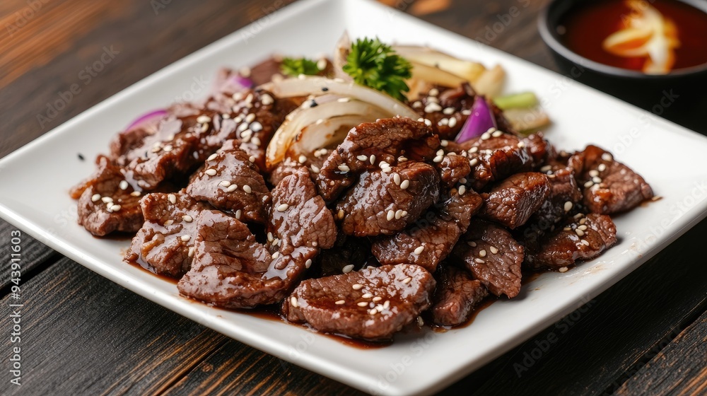 Teriyaki beef with sesame seeds and onions, served on a white plate, dark wooden table background, highlighting the dish's vibrant flavors and presentation. Teriyaki beef with sesame seeds and onions, served on a white plate, dark wooden table background, highlighting the dish's vibrant flavors and presentation.