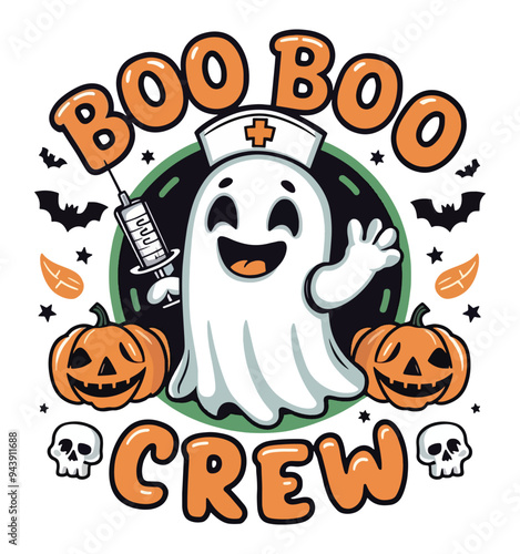 Boo Boo Crew Funny Groovy Hippie  Nurse Ghost Halloween vector t-shirt. Nursing Ghost Boo, RN Nurse Halloween