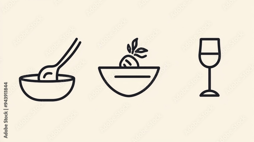Vector line icons showcase a bowl with a spoon, a salad, and a wine glass, perfect for upscale restaurant designs and menus Vector line icons showcase a bowl with a spoon, a salad, and a wine glass, perfect for upscale restaurant designs and menus
