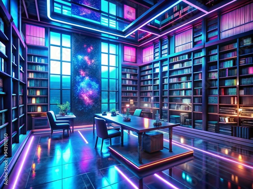 Cyberpunk Bookworm's Lair: Edgy, futuristic, neon-lit screens, holographic projections, dark academia photo