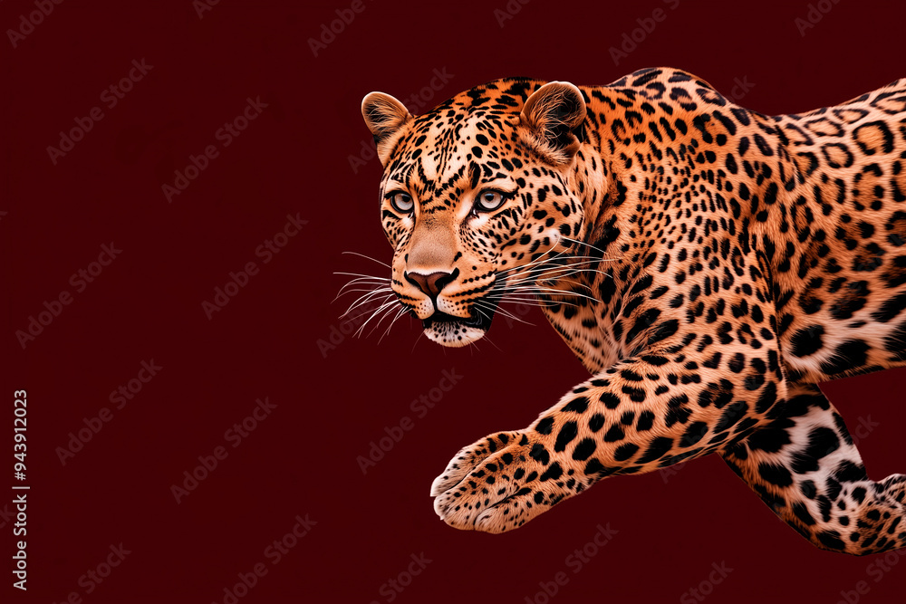 Naklejka premium A high-contrast design showcasing a hunting leopard, highlighted with gold and deep brown tones, moving across a rich cherry-brown background. The banner includes the text 