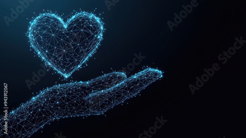 Kindness low poly wireframe banner template. Polygonal healthcare and volunteer service symbol mesh art illustration. 3D heart in hand palms, human handbreadths with connected dots photo