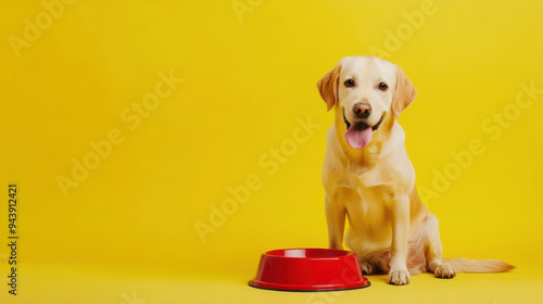 dog and food bowl on clean background with space for text or graphic design.