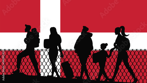 Immigration and refugees front of Denmark flag, immigrant and refugee concept, Denmark immigrants, refugee day, freedom and human rights idea, poverty and illegal immigrants