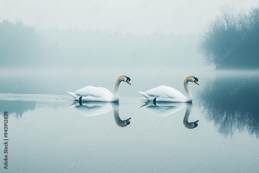 Obraz premium Two swans are swimming in a lake